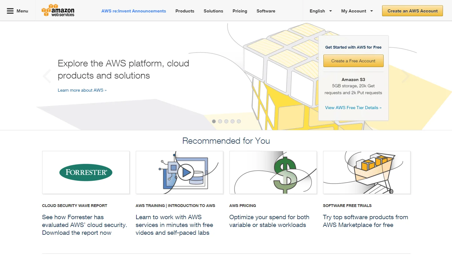 A screenshot of AWS&rsquo;s homepage