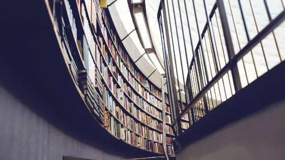 Picture of a library staircase and books